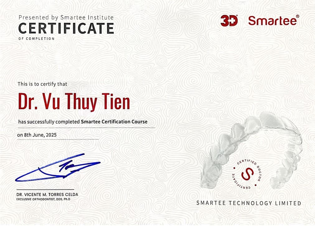 Smartee Institute certificate of completion for Dr. Vu Thuy Tien, Smartee Certification Course, June 2025.