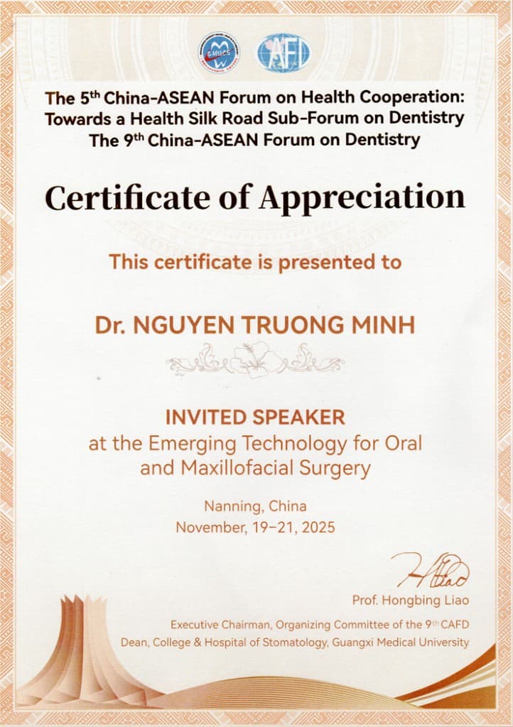 Certificate of appreciation for Dr. Nguyen Truong Minh as invited speaker at the 9th China-ASEAN Forum on Dentistry, Nanning, November 2025.
