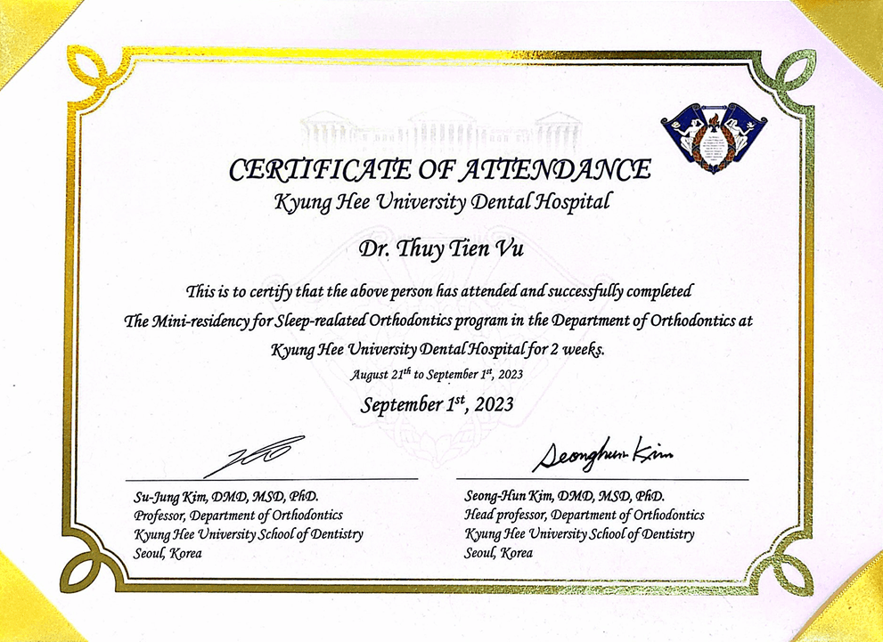 Certificate of attendance for Dr. Thuy Tien Vu, Kyung Hee University Dental Hospital, sleep-related orthodontics mini-residency, Seoul, 2023.