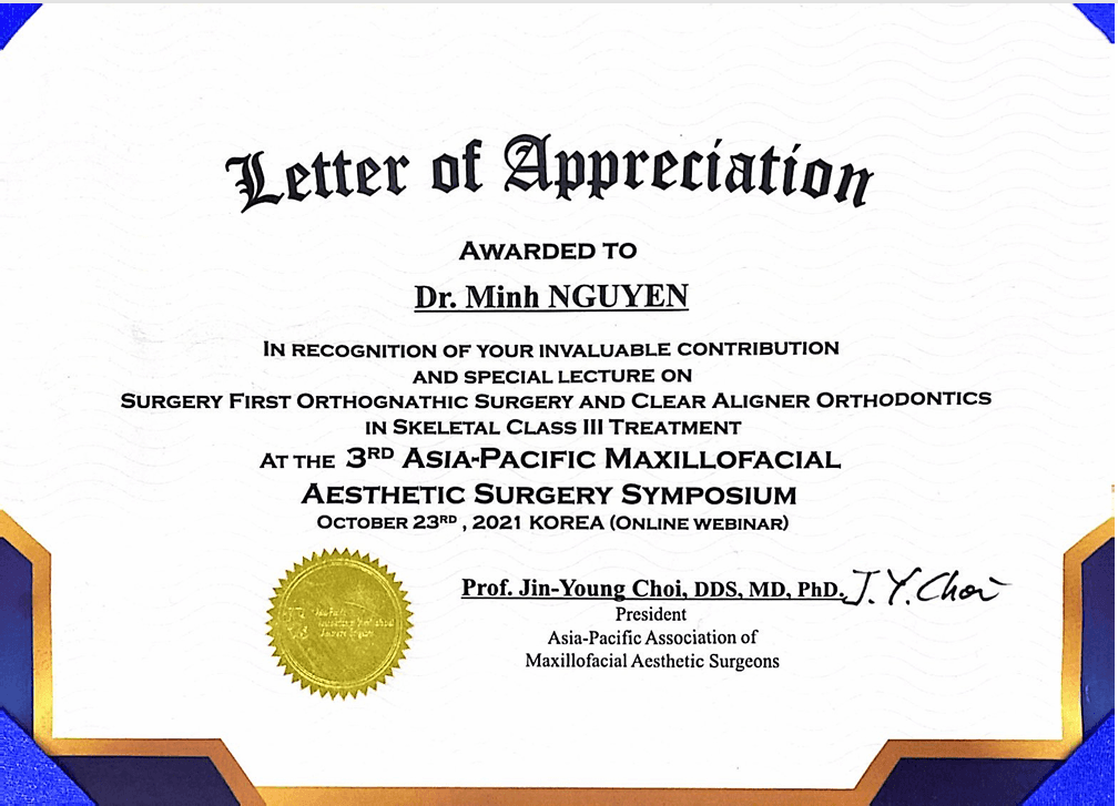 Letter of appreciation for Dr. Nguyen Truong Minh (as printed on document: Minh Nguyen), Asia-Pacific Association of Maxillofacial Aesthetic Surgeons, 2021 symposium lecture.