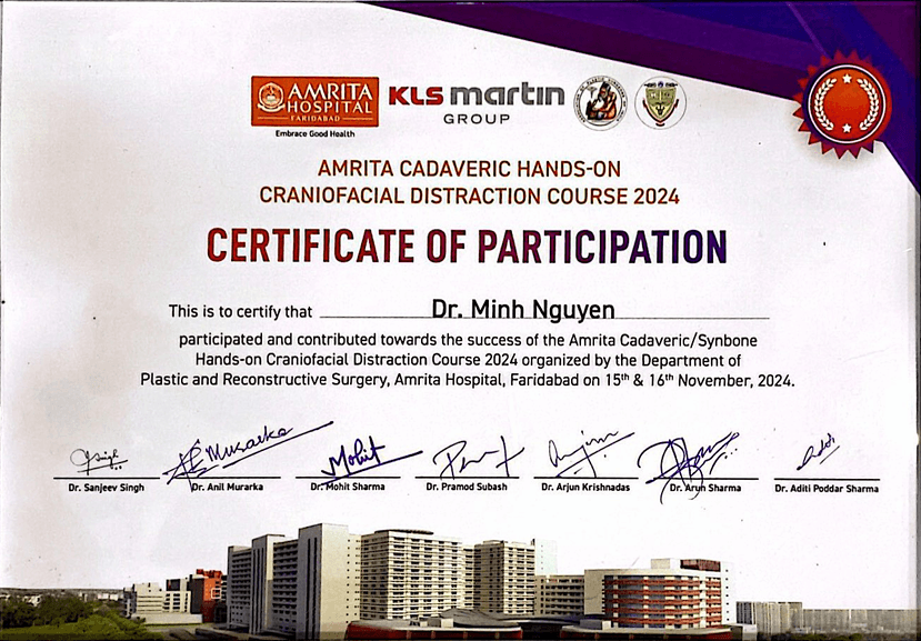 Certificate of participation for Dr. Nguyen Truong Minh (as printed: Minh Nguyen), Amrita cadaveric craniofacial distraction course, Faridabad, 2024.